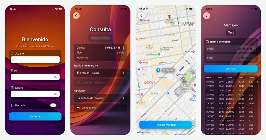 App AutoNET Press V2 para fichar desde el móvil: acceso, marcaje, geolocalización y listado de marcajes