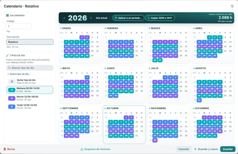 Calendario anual de AutoNET 13 pintado con turnos de mañana, tarde y noche