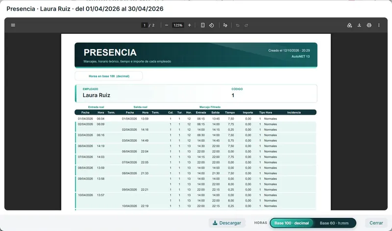 Informe de presencia de AutoNET 13 con entradas, salidas, horario teórico y tiempo por tramo