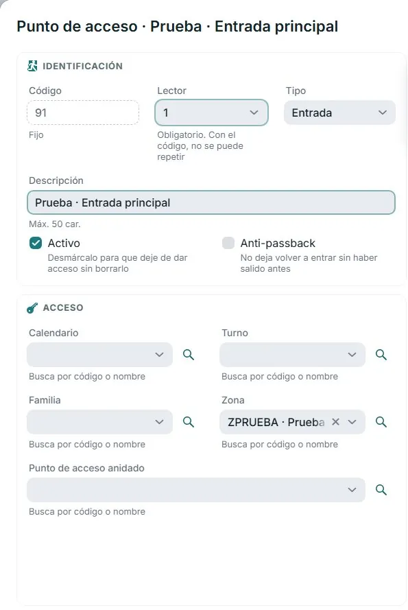 Ficha de un punto de acceso con calendario, turno, zona y anti-passback para diseñar permisos de acceso