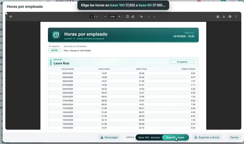 Registro horario digital por empleado Registro horario digital con las horas por empleado y exportación a Excel