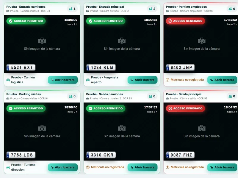 Control de acceso de vehículos por matrícula en AutoNET 13 Pantalla de accesos online de AutoNET 13 con seis viales de lectura de matrículas, acceso permitido o denegado y botón abrir barrera