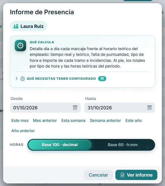 Informe de presencia del software de control de presencia AutoNET: horas reales y teóricas por empleado