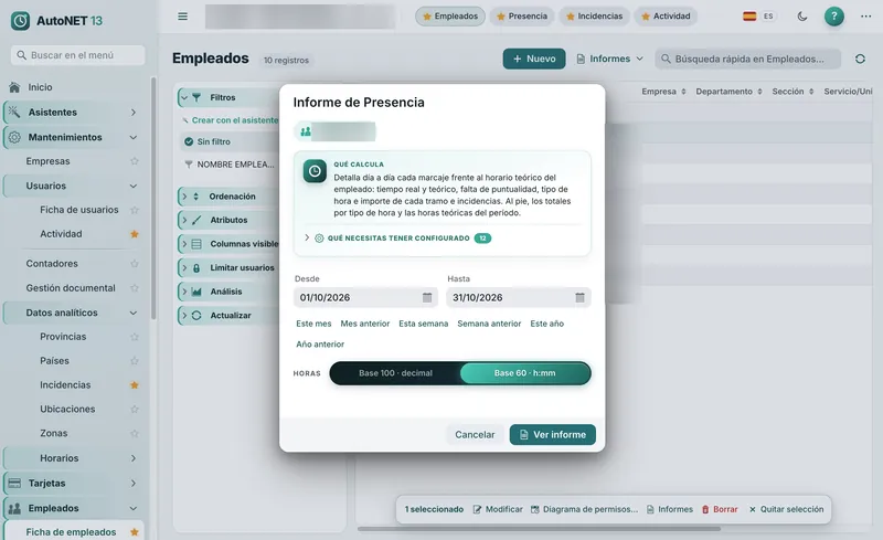 Informe de presencia por empleado en AutoNET Informe de presencia por empleado en AutoNET: marcajes frente al horario teórico del período