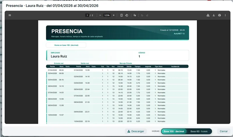 Informe de control de presencia en PDF Informe de control de presencia en PDF con los marcajes de un empleado frente a su horario