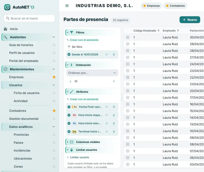 Partes de presencia en AutoNET 13 Partes de presencia de los empleados en el software de control de presencia AutoNET 13