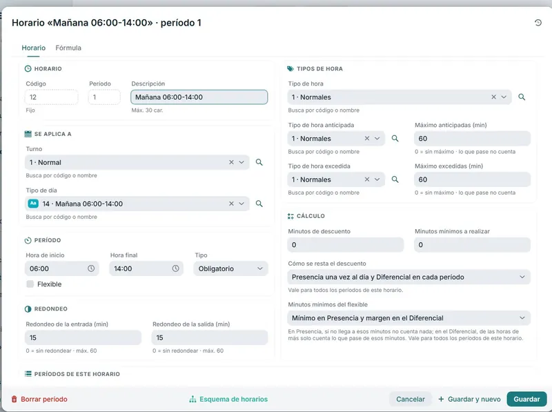 Ficha de horario del software de control horario con redondeos, tipos de hora y horas extra