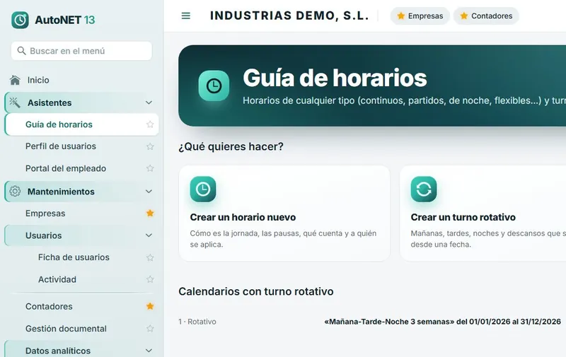 Guía de horarios del control horario Guía de horarios del software de control horario AutoNET para crear jornadas y turnos rotativos