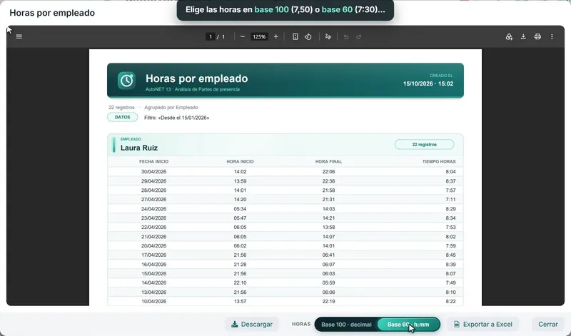 Análisis de horas por empleado en AutoNET 13 con exportación a Excel