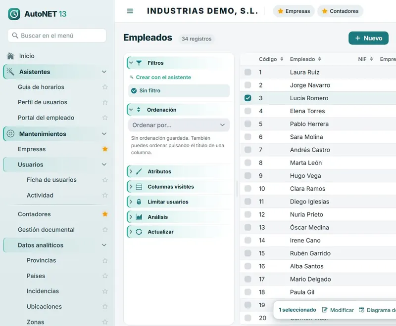 Listado de empleados del control de presencia AutoNET 13 con filtros, ordenación y análisis