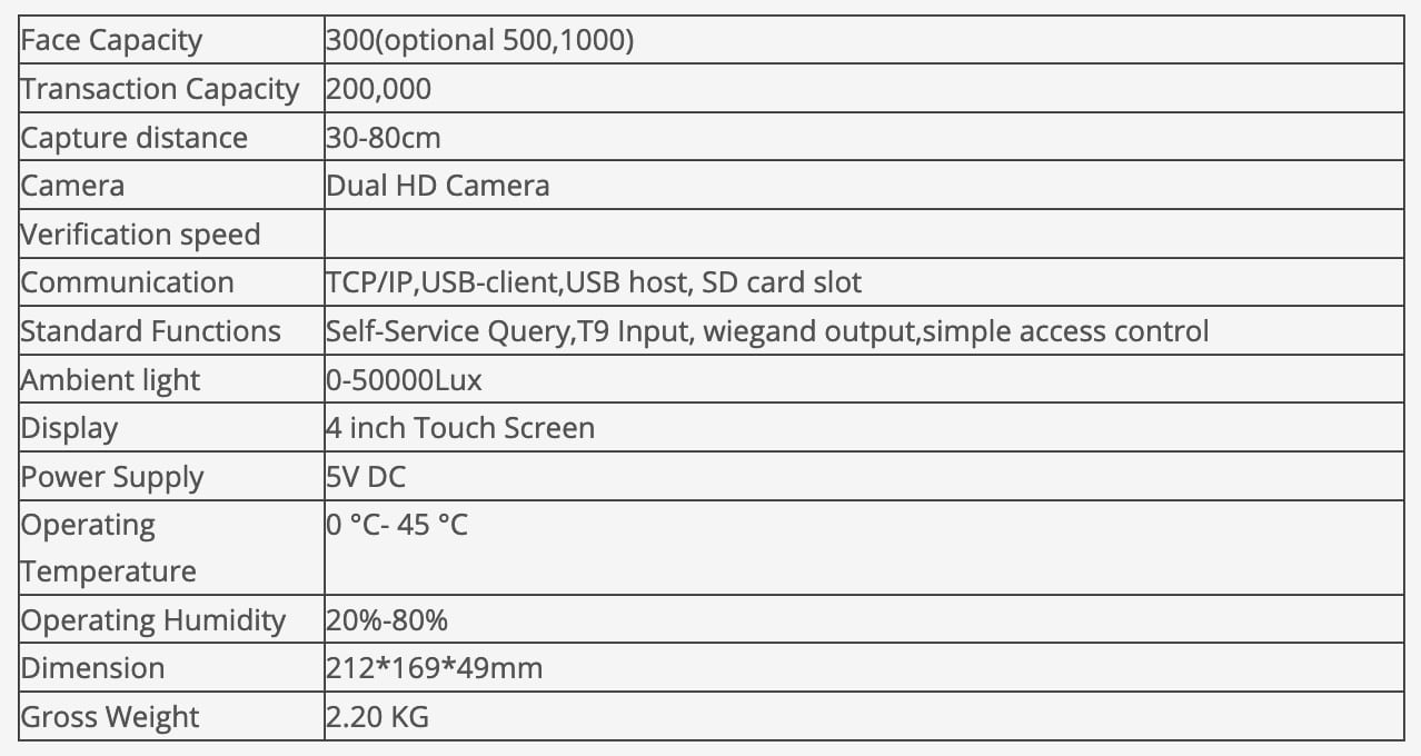 Características terminal biométrico NKT10 Características terminal biométrico NKT10