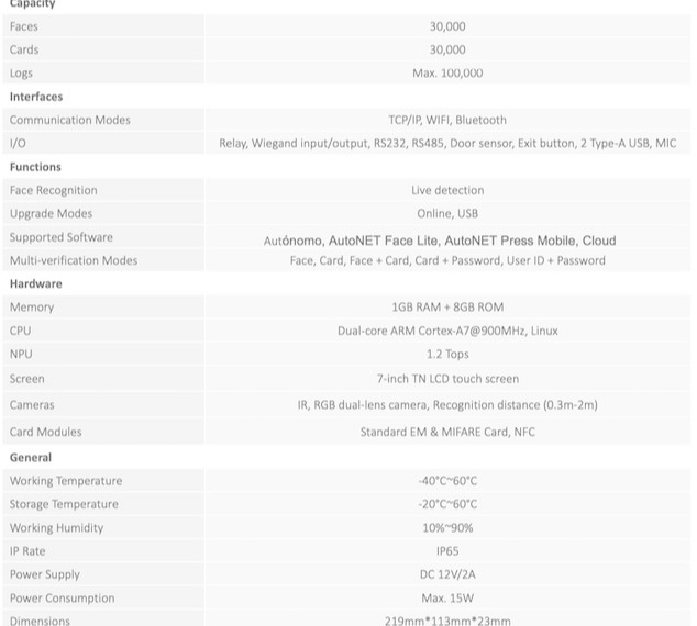 Características del terminal biométrico NKT13 PRO Características del terminal biométrico NKT13 PRO